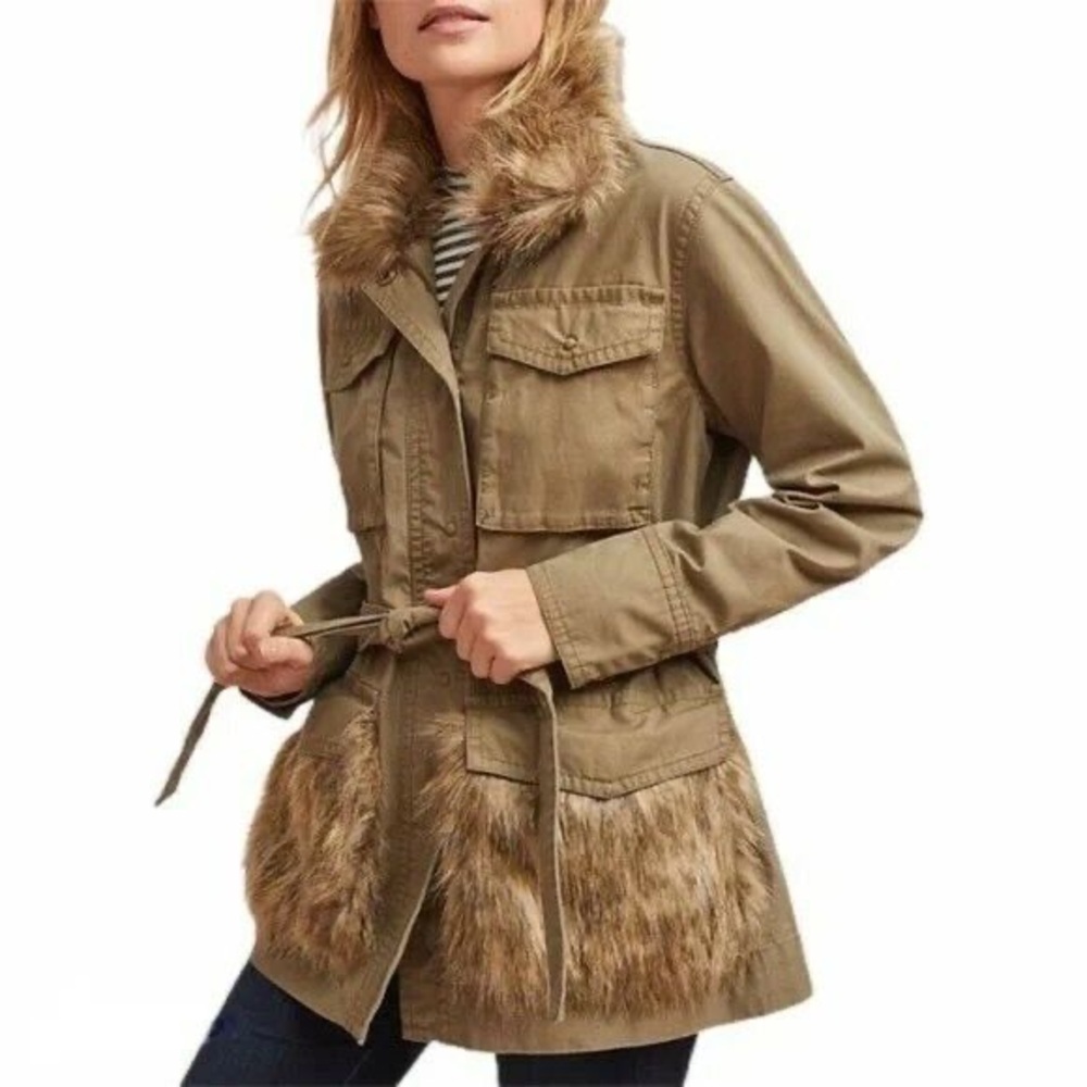Anthropologie Saskia Olive Faux Fur Trim Utility Field Jacket Small (S) NWOT
